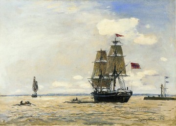Johan Jongkind Painting - Norwegian Naval Ship Leaving the Port of Honfleur ship seascape Johan Barthold Jongkind